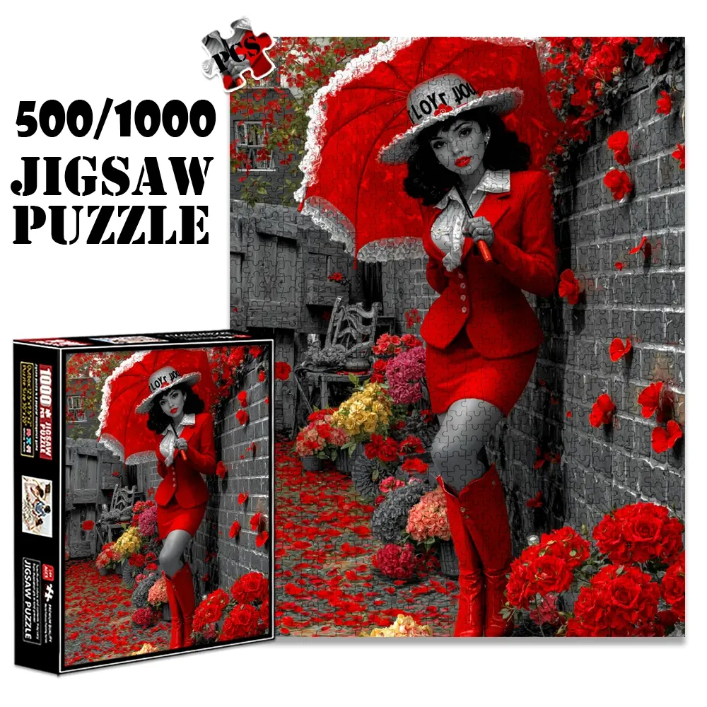 1pc 1000 piece adult puzzle 70x50cm Woman in Red Suit with Parasol and Floral Surroundings 500 pieces of paper jigsaw puzzle, suitable for adults and families, large-scale DIY puzzle interactive to Creative Puzzle