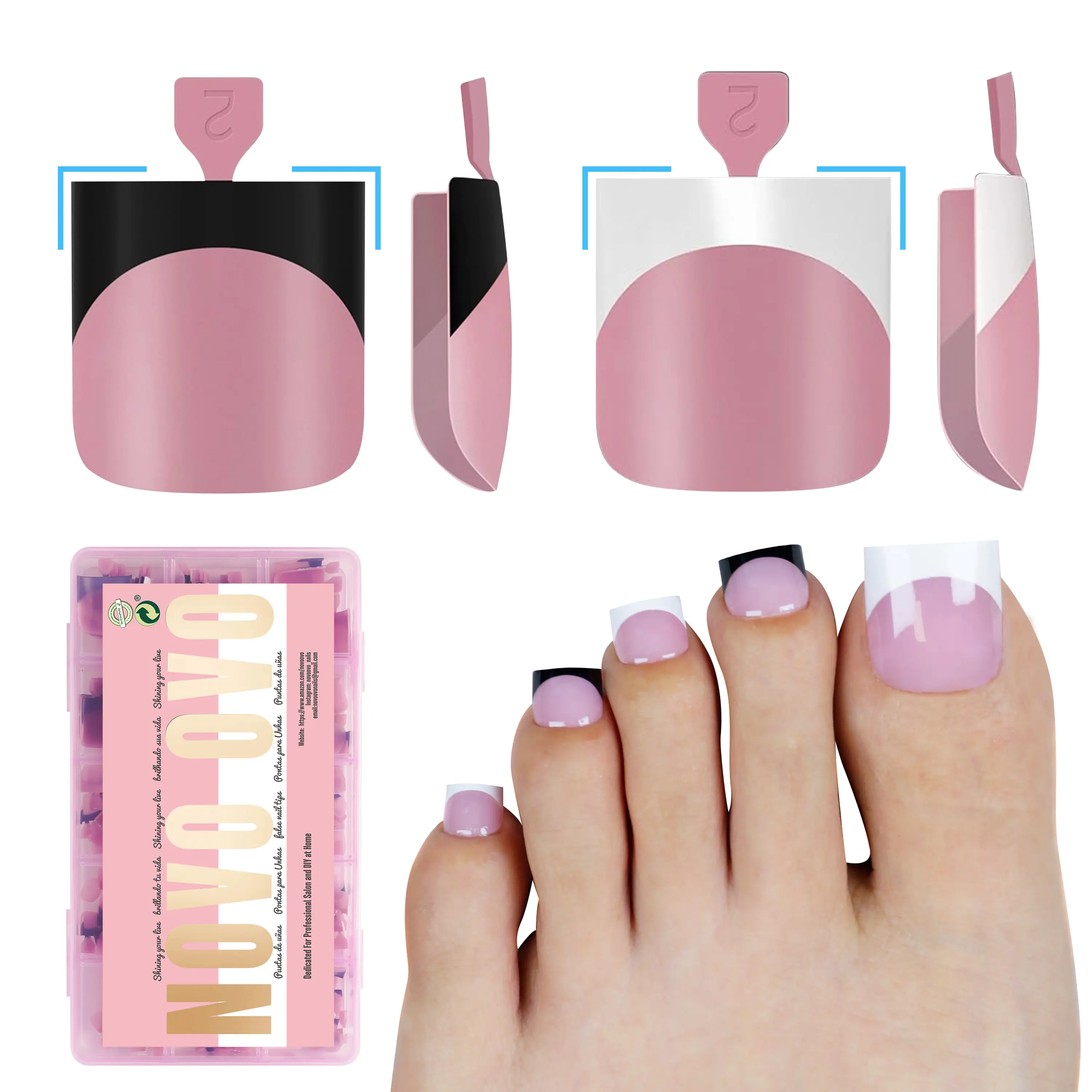 NOVO OVO Black & White Mix French Tip Press-On Toe Nails Kit Set - Sharp Square Pre-Designed Soft Gel Acrylic Toe Extensions, Long/Medium Wide Full Cover DIY Nail Kit, 15 Sizes 240 Pcs, Nail Kit Set