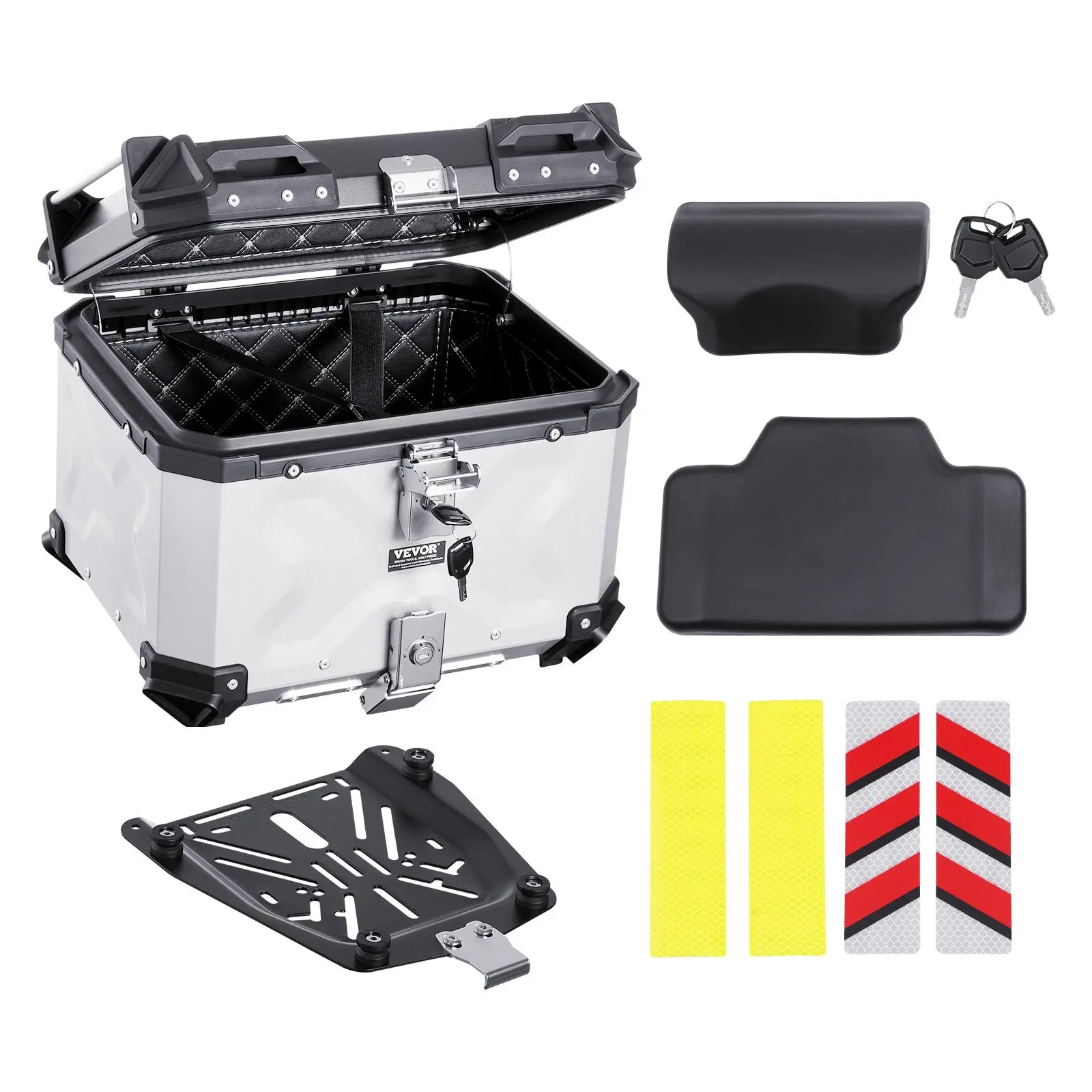 【Summerfinds】VEVOR Motorcycle Top Case,Universal Aluminum Alloy Motorbike Tail Box with Leather Lining45L Waterproof Detachable Motorcycle Top Box with Lock & Back CushionFit for 99% of Motorcycle Frames