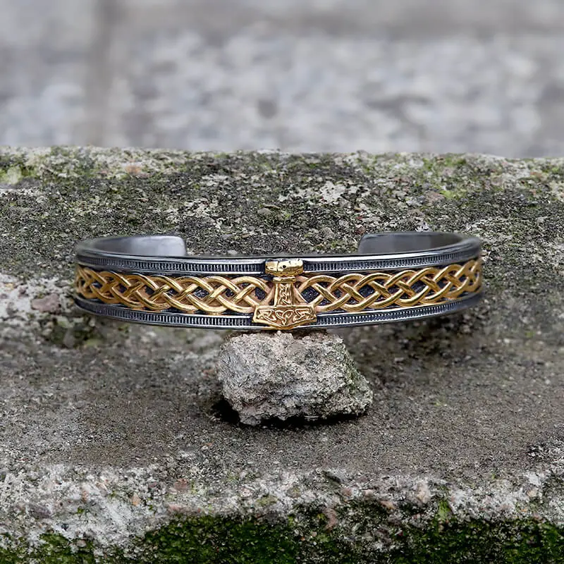 GTHIC Stainless Steel Men's Mjölnir Hammer Viking Cuff Bracelet Celtic Knot Accessories For Daily Wear