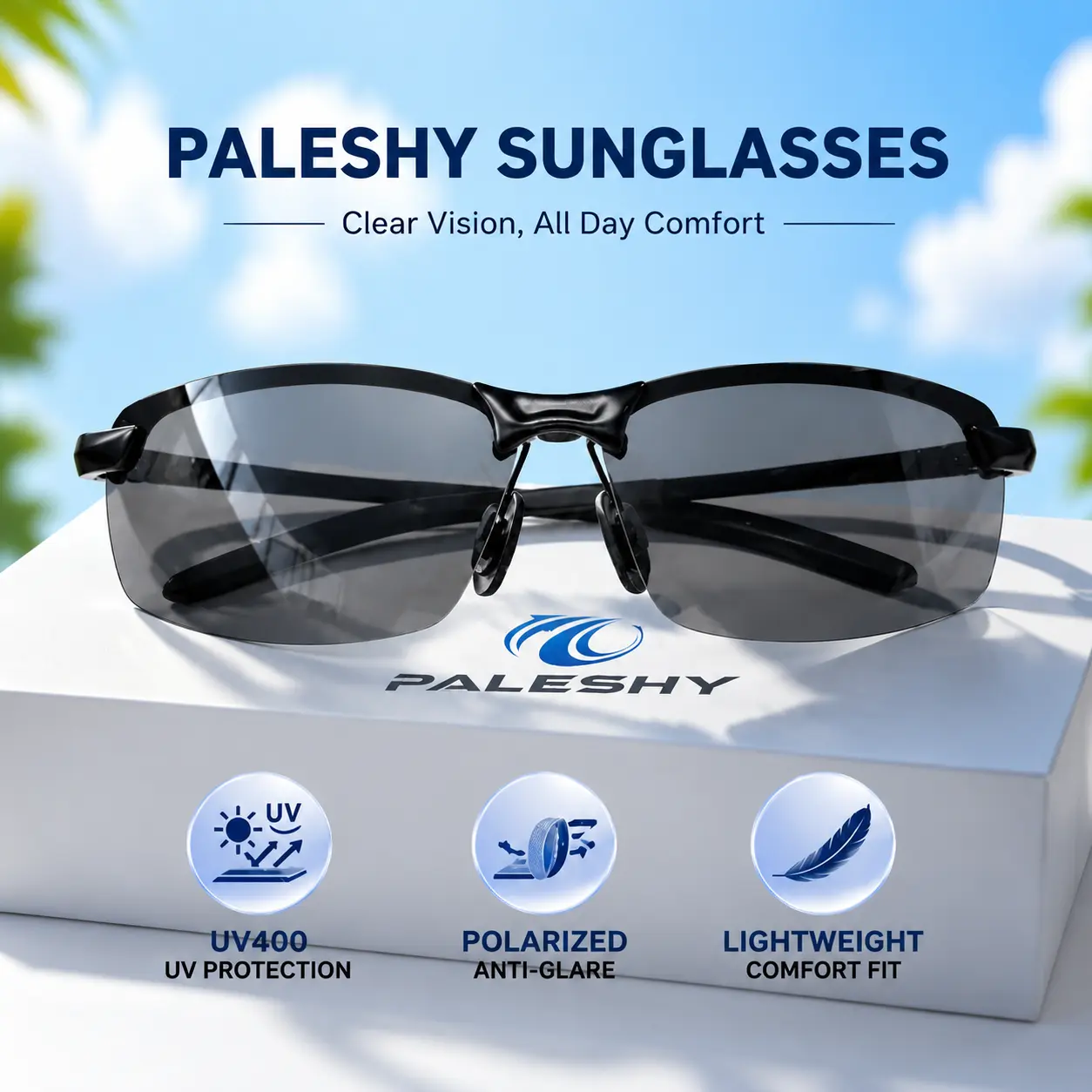 Paleshy Unisex Oversized Square Semi-Rimless Resin Frame Sunglasses - Polarized Photochromic Polycarbonate (PC) Lenses, UV400 Protection, Lightweight Allday Wear for Driving, High Quality Eyewear, Polarised Lens
