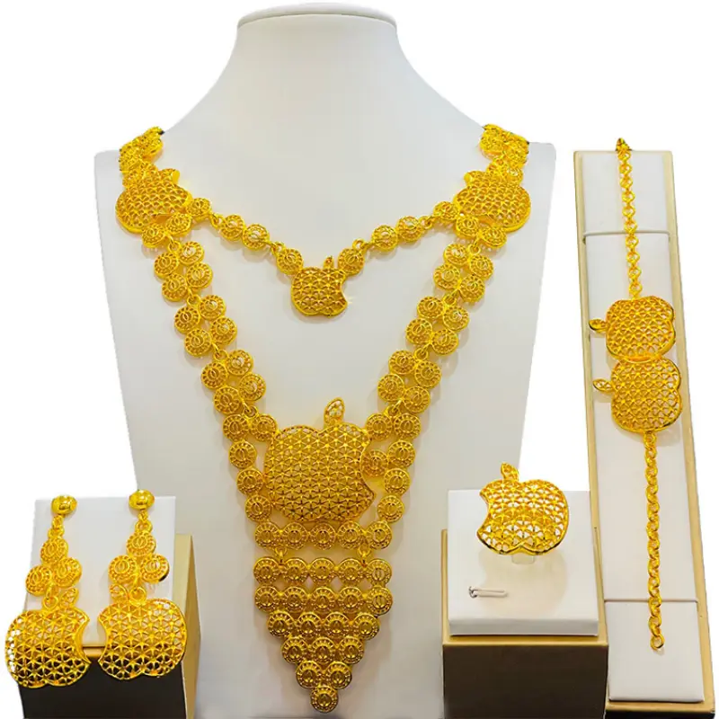Women's 4-Piece Gold-Plated Dubai Ethnic Bridal Jewelry Set - Alloy Electroplated, Charm Necklace, Earrings, Ring, Headpiece, Gold Chain, Ornamental Fashion Jewelry for Daily Wear, Fashion Jewelry Set, Gold Chain Set