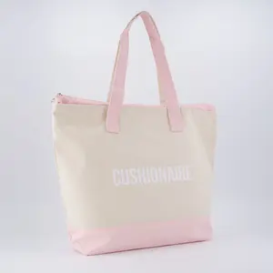 Cushionaire Everyday Canvas Beach Tote Bag - 19L Spacious Interior with Zip Closure, Exterior Zipper Pocket, Durable Cotton, Two-Tone Design, Comfortable Straps | Available in Pink and Navy