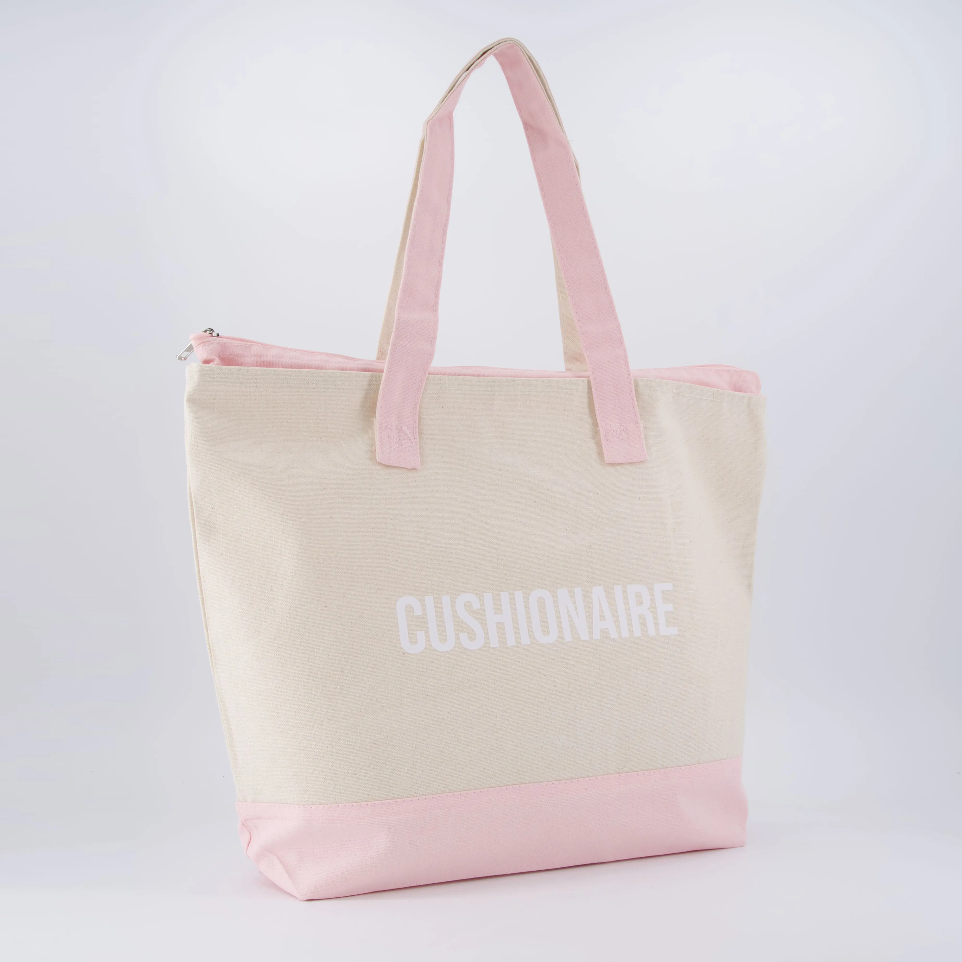 Cushionaire Everyday Canvas Beach Tote Bag - 19L Spacious Interior with Zip Closure, Exterior Zipper Pocket, Durable Cotton, Two-Tone Design, Comfortable Straps | Available in Pink and Navy