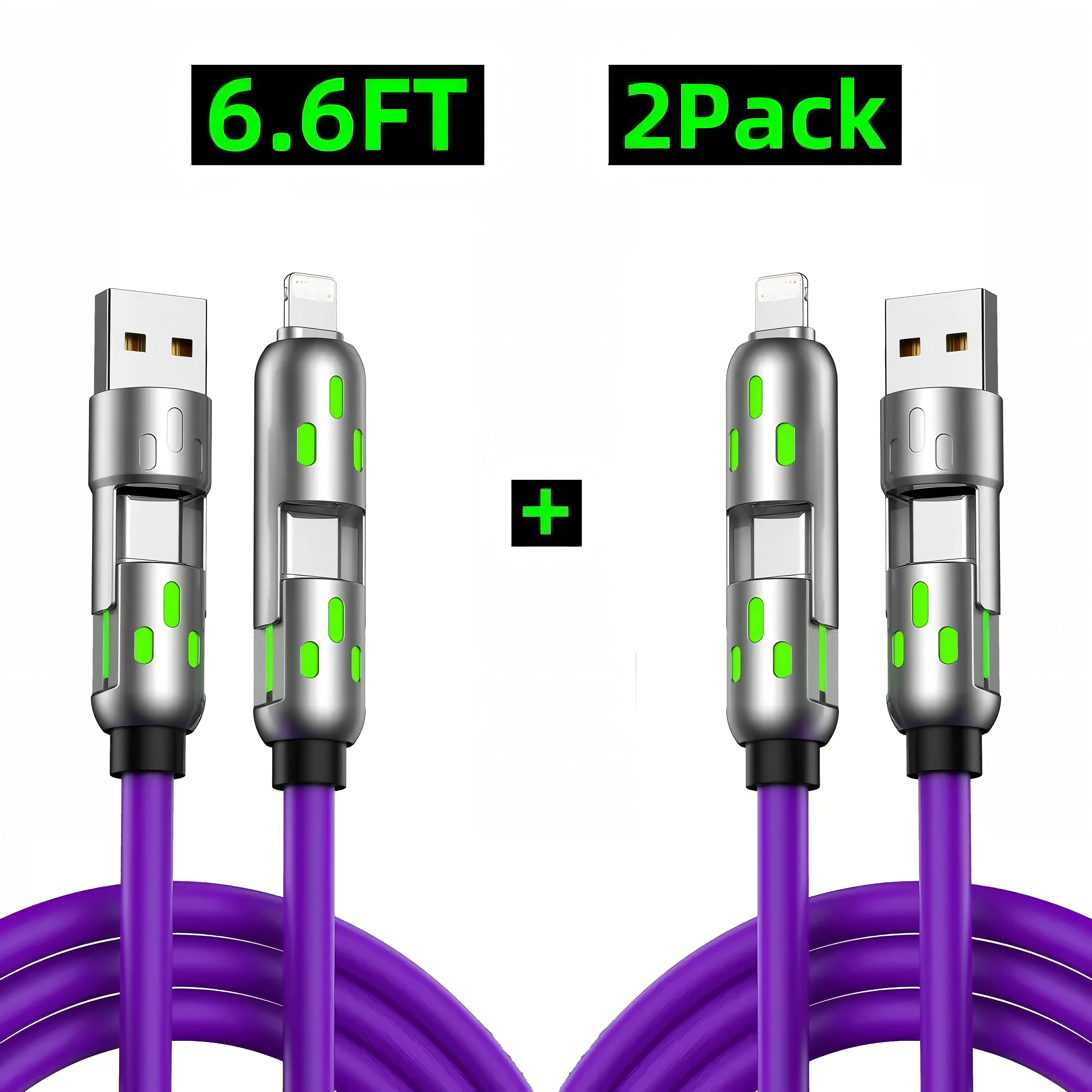 [Buy 1 Get 1 Free] 4-in-1 Multi USB Charging Cable 6.6ft – 65W Fast Charging & Data Sync with USB A/Type C/Lightning Ports, LED Breathing Light Universal Charger for iPhone 16/15, iPad Pro, Samsung, All Smart Devices