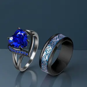 Fashion stainless steel red and blue gemstone dragon pattern couple ring