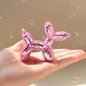 1PC Pink/Silver Disco Ball Balloon Dog Figurine - Mini Glitter Mirror Mosaic Sculpture for Room Decor, Y2K Aesthetic Desk Accessory, Cute Gift, Ornaments