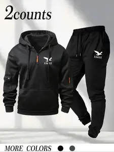 Men's 2-Counts Eagle "EAGLE" Graphic Tracksuit Set, Fashion Urban Streetwear Hoodie and Joggers, Comfortable Soft Fabric with Bold Animal-Inspired Design & Functional Pockets, Ideal for Casual Daily Wear, Street Fashion Enthusiasts & Urban Lifestyle