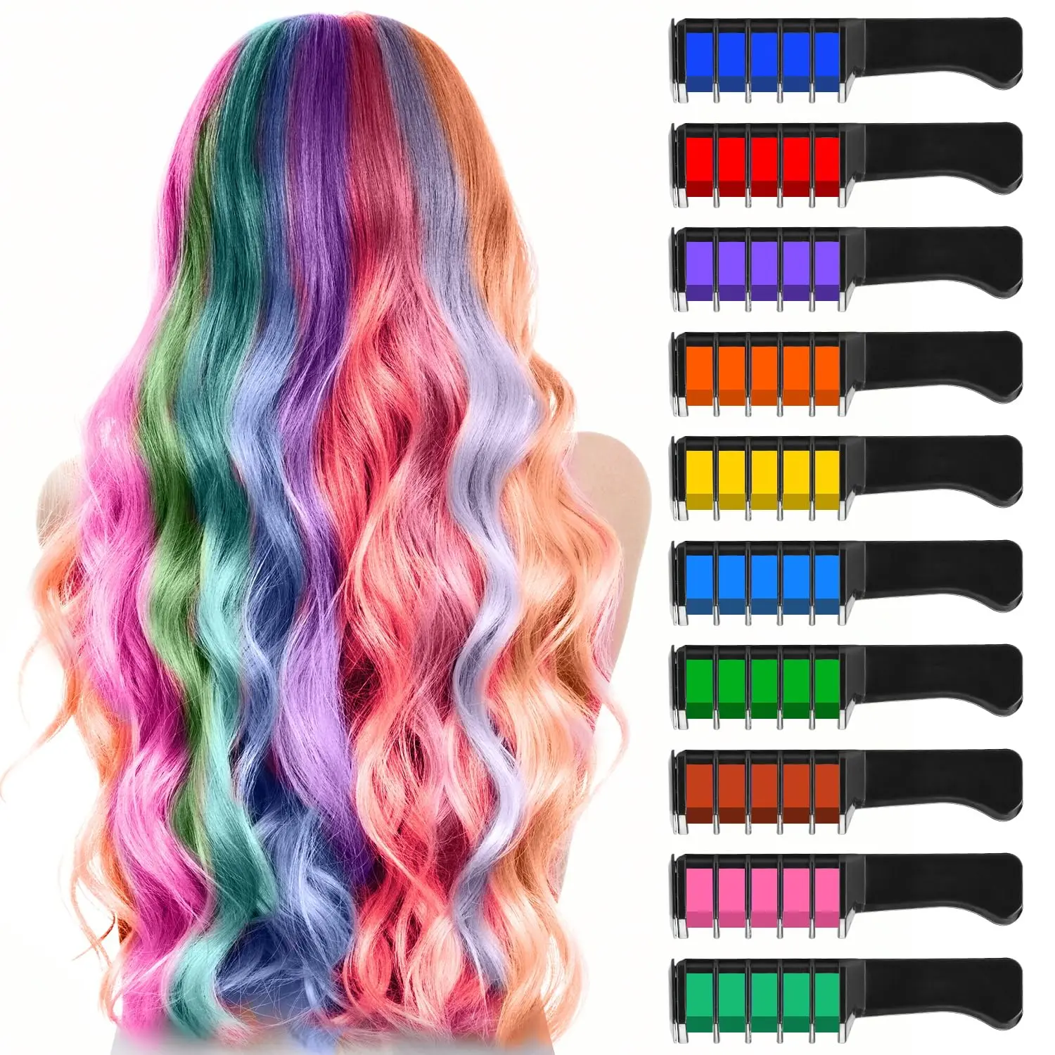 1-Set of 10-Pcs Brightly Colored Hair Dye DIY Kit, Glossy Chalk Comb for Haircare, Easy-Apply Temporary Color Powder Pencil, Washable Safe Highlights, Halloween Hair Styling