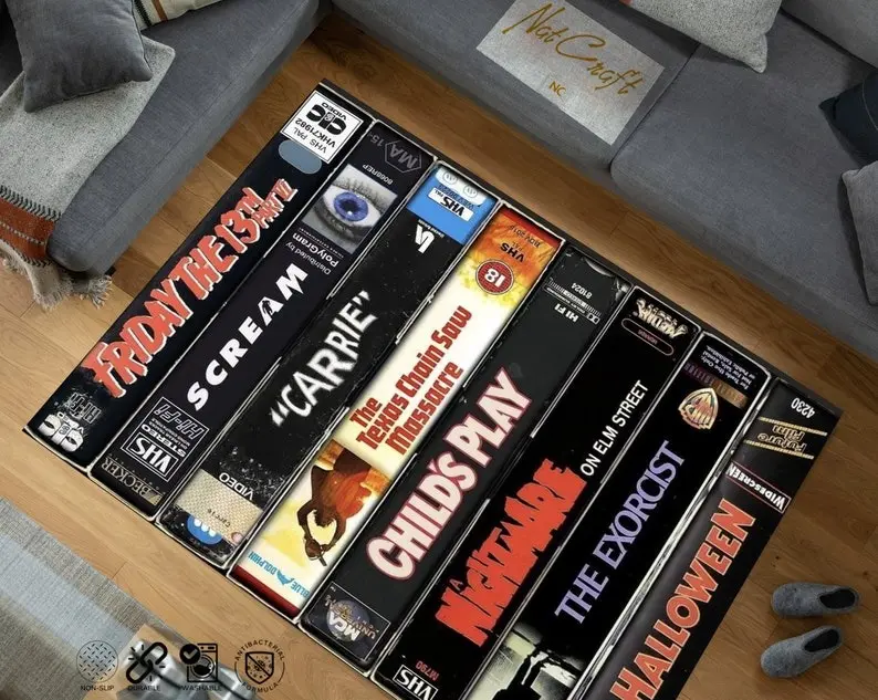 Horror Movie Themed Rug, Nostalgic Retro Style Rug, Vhs Case Themed Horror Rug, Home Theater TV Room Rug