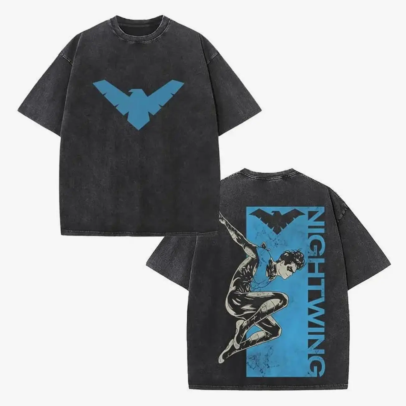 Retro Nightwing Faded Light Blue Worn Bird Symbol Front Chest Print & Vertical "NIGHTWING" Text Leaping Combat Pose Hero Back Graphic Dual-Sided Vintage Washed Black T-Shirt, Unisex Oversized Heavyweight Cotton Streetwear Top 47G