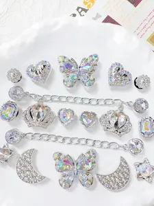 18pcs Silver Color Laser Shoe Accessories, Shoe Decoration Charms, Sparkly Butterfly Moon Heart Crown Star Chain Decor, DIY Footwear Decoration for Parties Gifts
