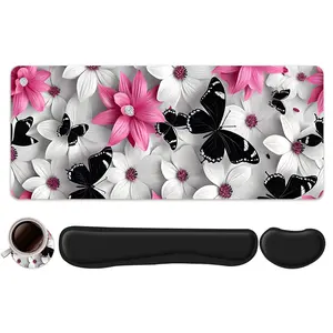 4pcs Pink Floral with Black Butterfly Design Mouse Pad + Keyboard Wrist Rest + Ergonomic Mouse Pad + Coaster Set For Desktop Decoration, Office Accessories Set Ergonomic Wrist Support, Computer Mat Mouse Pad Coaster Suitable For Home Office Gaming