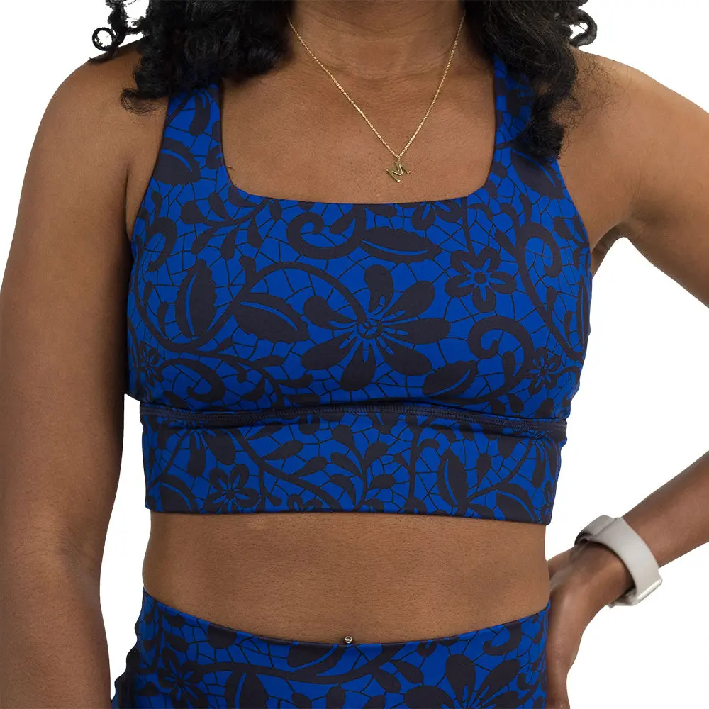 CVG Longline Bra Midnight Lace, Female, Square Neck, Workout Wear, Confidence During Training, Extended, Fit, Spandex, Women, Floral, Butterfly, Polyester