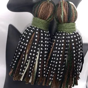 Army Tassel Earrings with Silver Studs and Multicolor Fringe for Stylish Accessory