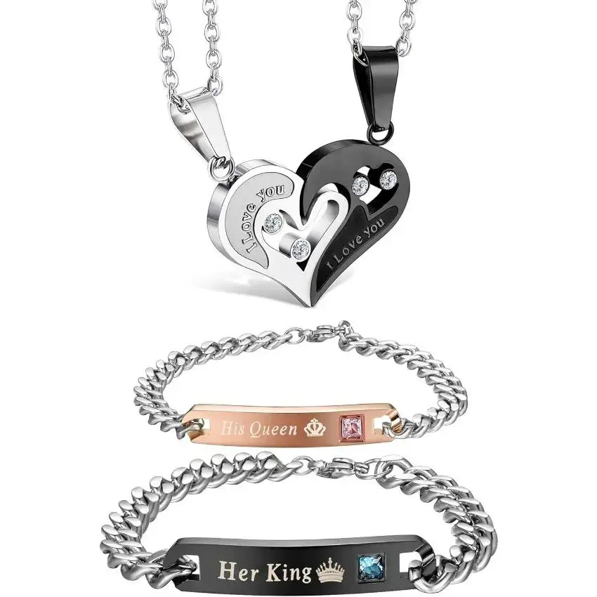 4-Piece Fashion Jewelry Set, Matching Heart Puzzle Necklaces and Bracelets for Couples, Symbolic Daily Wear Gift, Women's Matching Sets
