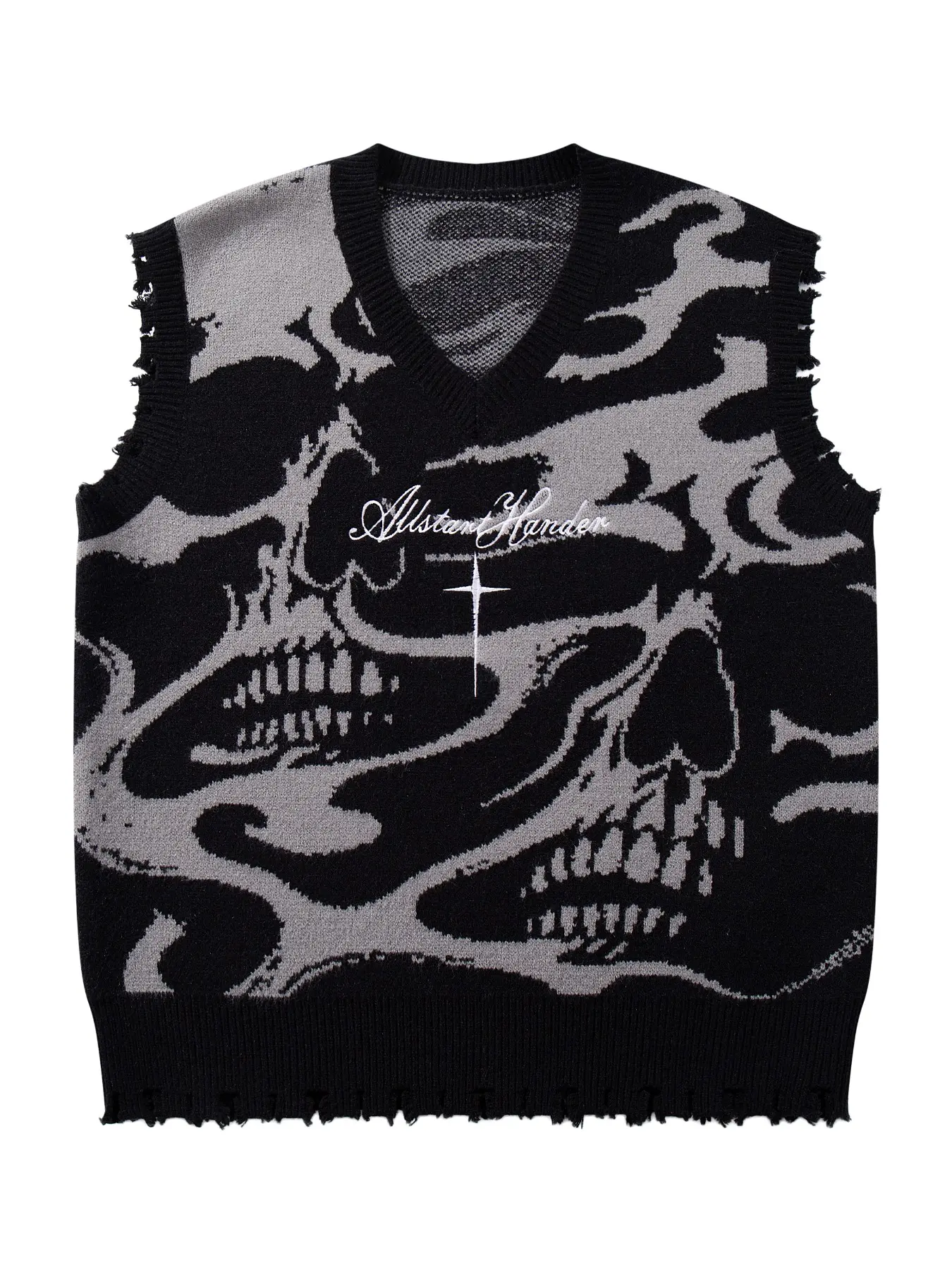Men's Gothic Skull Cross Embroidered Knit Sweater Vest, Knitted Vest, Casual Round Neck Pullover for Fall & Winter, Trendy Street Fashion