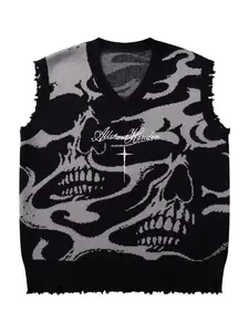 Men's Gothic Skull Cross Embroidered Knit Sweater Vest, Casual Round Neck Pullover for Fall & Winter, Trendy Street Fashion