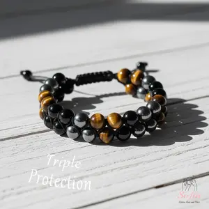 Sofia Triple Protection Bracelet Natural Stone Gemstone Beaded Double Layer Boho Style Adjustable for Men Women Daily Use