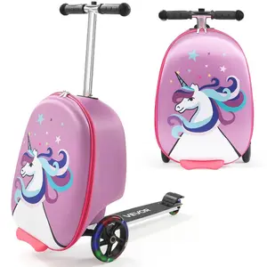 VEVOR Ride-on Luggage, 20 L Capacity, 20 Inches Kids Scooter Suitcase with Flash PU Wheels, Adjustable Handle TPR Non-Slip Grip, Foldable Lightweight Scooter Luggage for Kids Aged 5+, Purple