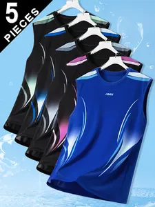 Pack of 5 – Men’s breathable fashion tank tops, summer sleeveless men’s tank, stylish printed casual sports tank for men, high-stretch quick-dry fabric top/tank, suitable for sports, casual wear, training, fitness, running, and outdoor outfits; great as a