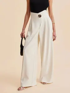 Women's High Waist Wide Leg Pants, Elegant Style, Moderate Fabric Thickness, Fitted Woven Material, All Season Wear, Wide Legged Pants