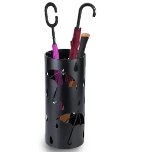 Umbrella Stand Rack for Entryway, Black Round Metal Umbrella Holder, Free Standing Umbrella Organizer Bin with 3 Hooks for Walk Stick, Home Office Indoor, 17 x 7 Inch