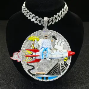 Cubic Zirconia 3D Rocket Man Enamel Medallion Pendant - Custom Art Medallion, Jewelry Art, Silver-Tone Heavyweight Hollywood Streetwear Hip Hop Statement Piece with 4mm Rope Chain & Colorful Cityscape Design