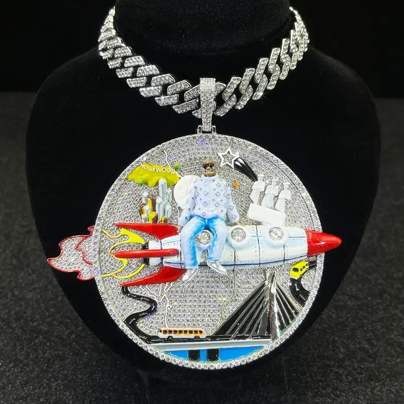 Custom Art Medallion, 3D Iced Out Rocket Man Pendant in Silver-Tone with Colorful Enamel, Hip Hop Streetwear Men's Jewelry, Includes 4mm Rope Chain