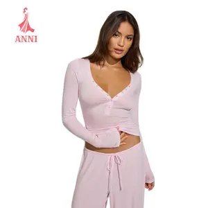 Women Solid Ribbed Henley TopsFit Button-up V Neck Long Sleeve Crop Fall Shirts