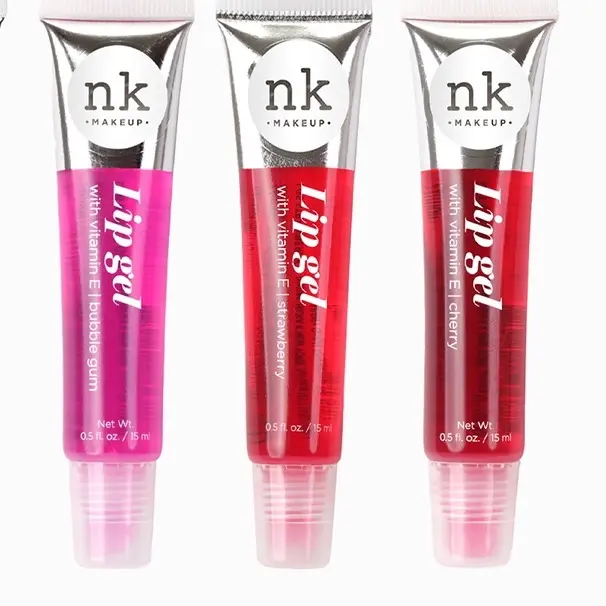 NK Lip Gel Makeup Cosmetic - Lightweight Hydrating Smooth Lipstick & Lip Gloss, Mirror Finish, Assorted Shades (Bubblegum, Cherry, Strawberry), Translucent, 0.5 fl oz