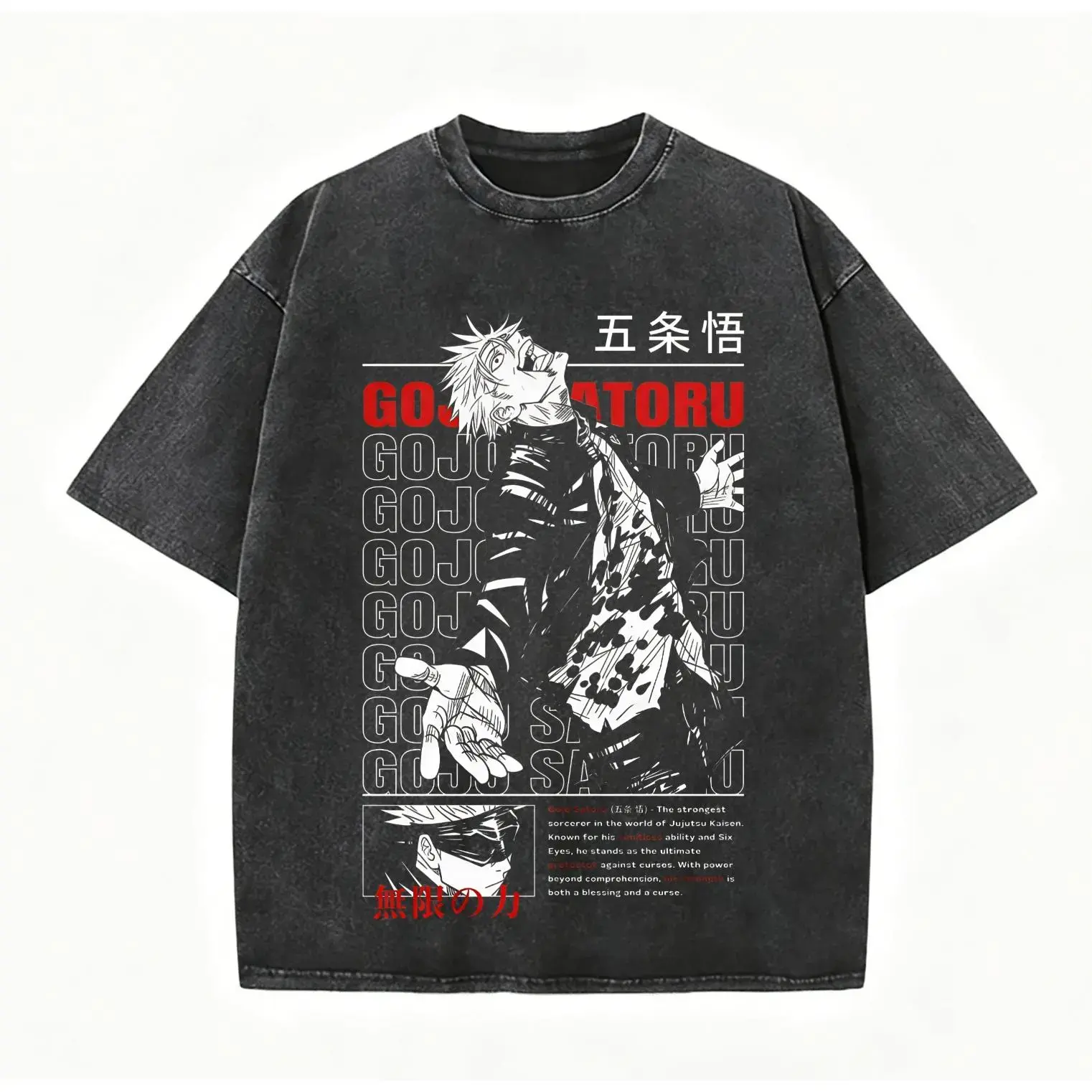Gojo Satoru Fan Oversized Distressed T-Shirt, The Strongest Sorcerer Black White Manga Panel Japanese Word Print Short Sleeve Round Neck Top, Casual Outdoor Anime Street Daily Unisex T-Shirt For All Genders,graphic tees,men's t shirts,short sleeve