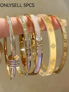 5 Pcs Stainless Steel Bangle Set, Classic Fashion Design, Lightweight Durable, Perfect for Daily Wear, Parties, Dates, Holidays