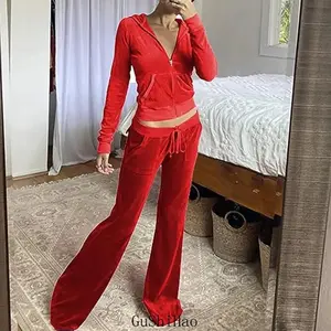 ShiHaoHot New Pantsuit Women Tracksuit Set Two Pieces Slim Fit Velour Velvet Outfit Casual Zip Up Hoodie Jacket Vertical Sweatpants