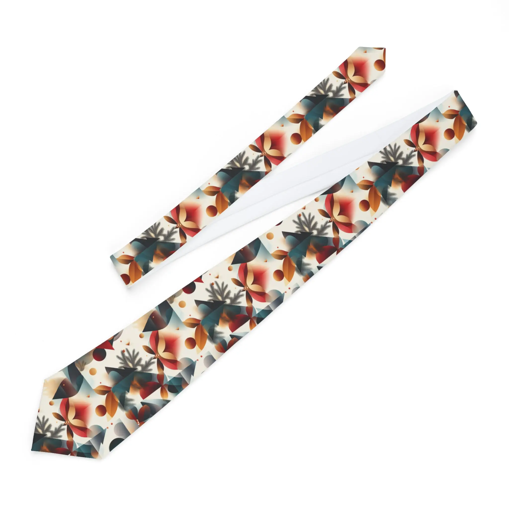 Necktie with Geometric Christmas-Themed Pattern, Festive Holiday Design, Red Beige Brown Abstract Leaves Berries Trees, Stylish Elegant