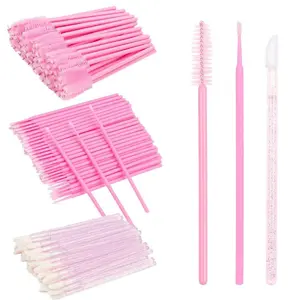300 PCS Eyelash Extension Supplies Kit Disposable Micro Swab Brush Eyebrow Spoolies Lip Stick Brush Mascara Wand Applicator Makeup Brush Tool (Pink Sets)