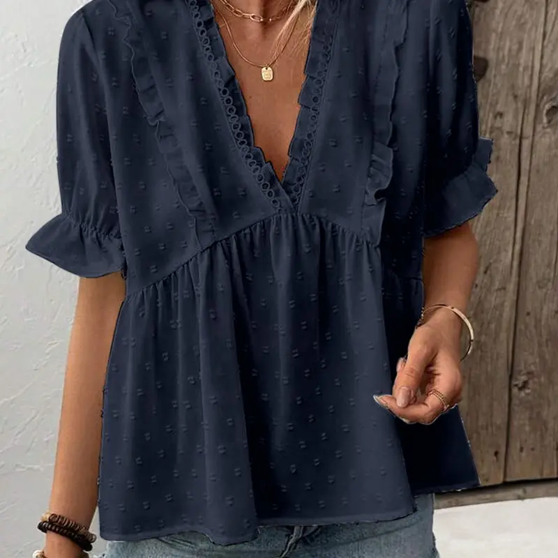 Women's Puff Sleeve Ruffle Trim Blouse Shirts, Casual Loose Fit V Neck Top for Summer, Women's Clothing for Daily Wear