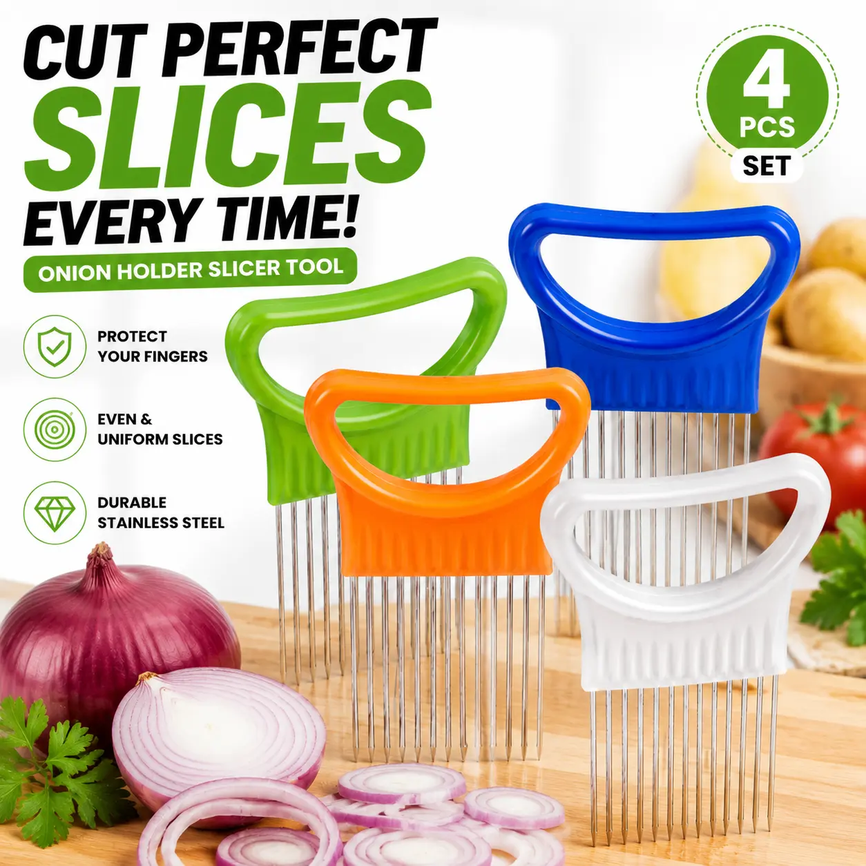 4PCS Stainless Steel Onion Slicer Tool, Vegetable Cutter Guide with Safety Guard, Kitchen Gadget for Onion, Tomato, Garlic and Fruit Cutting