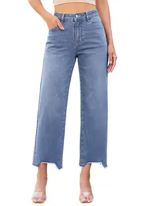 luvamia Straight Leg Jeans for Women Cropped Trendy Mid Rise Baggy Loose Distressed Casual Raw Hem Stretchy Denim Pants