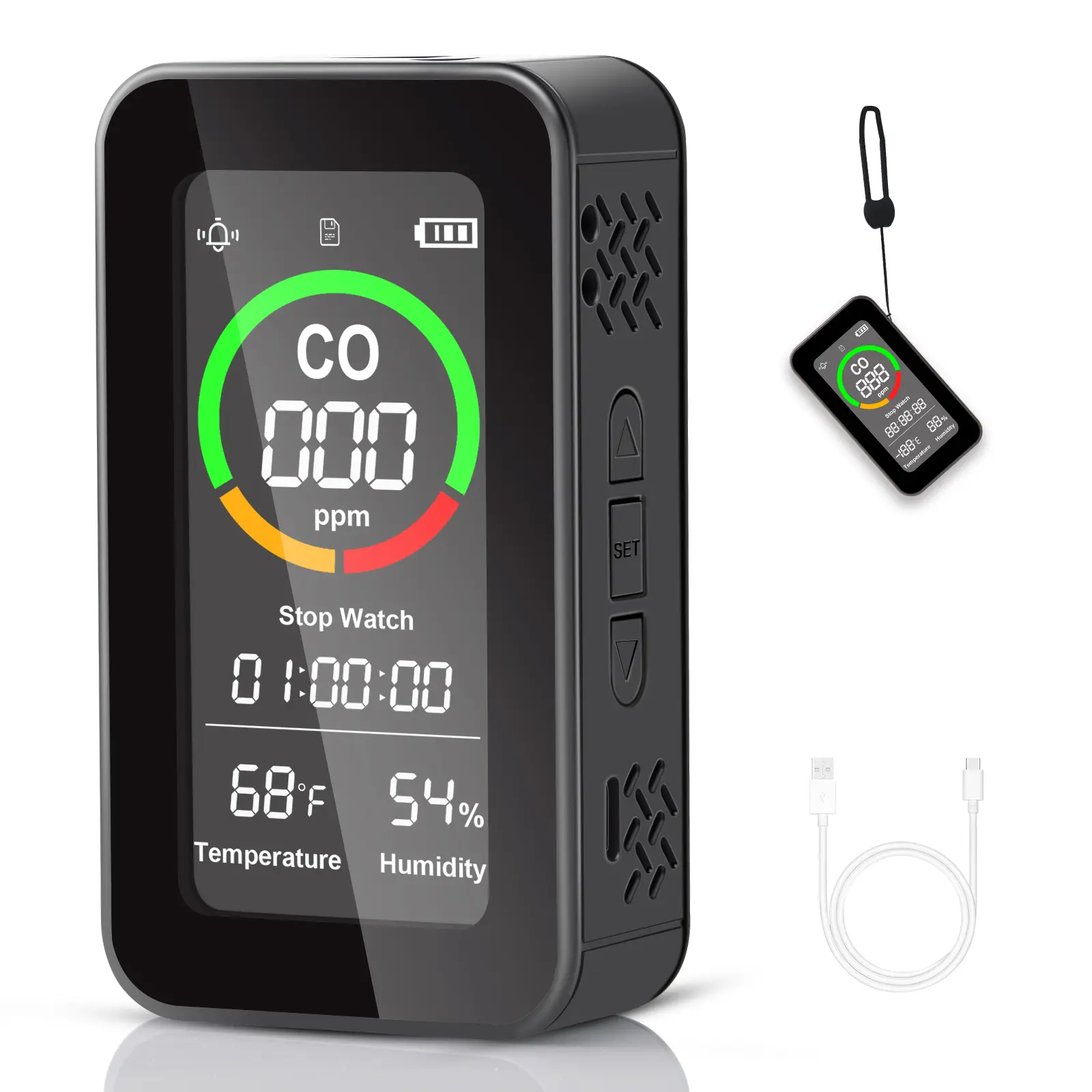 Portable Carbon Monoxide Detector Travel, 5-in-1 CO Monitor Portable with Audible & Visual Alerts, Flashlight,Stop Watch, Temperature Humidity Sensor for Home, Travel buzzeralarm tester