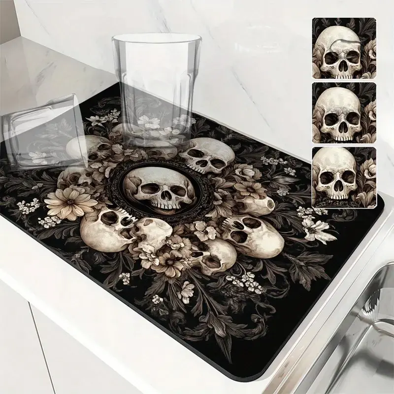 1pcs Plant Flower Skull Leaf Absorbent Pad, Kitchen Drain Mat, Tea Coffee Mat, Utensil Drying Mat, Table Insulation Mat, Halloween Theme Pad, Kitchen Coasters, Hot Dish Coasters, Coasters for Drinks, Place Mat