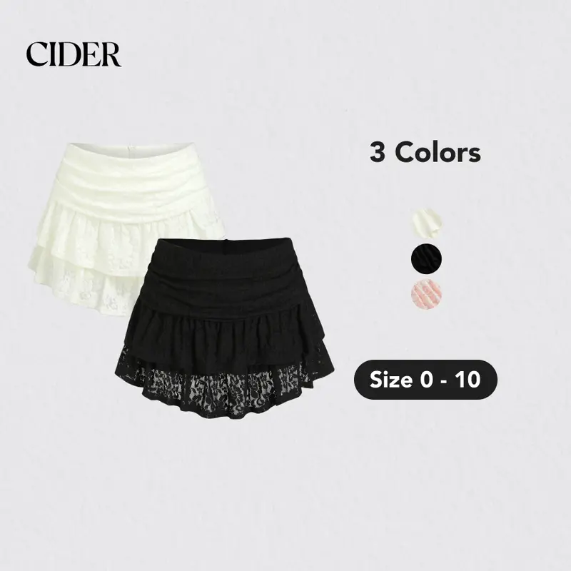 Cider [3 colors, size 0-10] Ruched Floral Lace Layered Mini Skort, Fairycore and Cottagecore Skirt, Y2K Spring Vibes