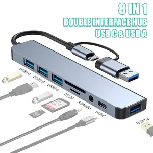 AKKHOO USB C Hub USB Hub 3.0, 8 in 1 USB Splitter with 1 x USB 3.0, 3 x USB 2.0 and 1 x USB C, SD/TF Card Reader, 3.5mm Aux Ports for MacBook Pro Air and More PC/Laptop/Tablet Devices