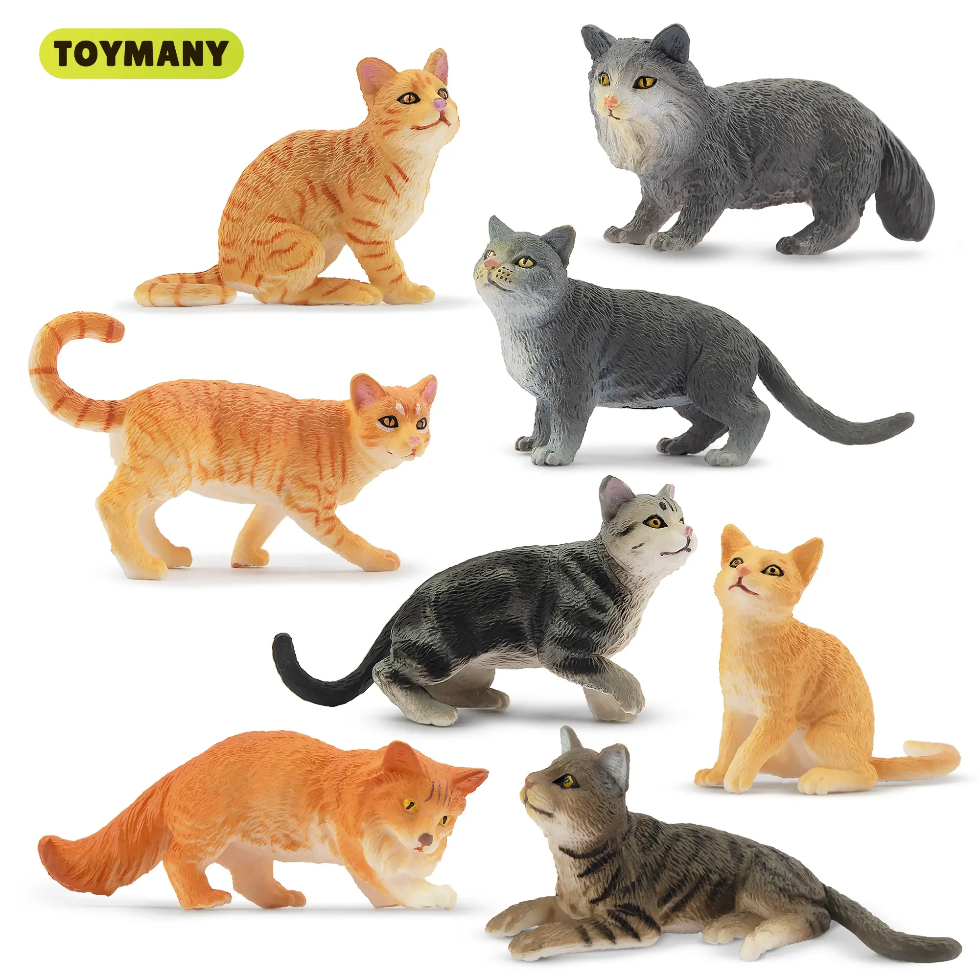 TOYMANY 8PCS Grey & Orange Multiple Breeds Cat Figurines Set, Realistic Kitten Action Figures, Cat Cake Toppers for Kids Aged 3+, Birthday Gift, Cake Topping, Eight Pieces