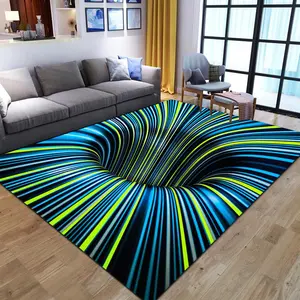 optical illusion living room rug with a time-travel pattern and a realistic colorful line design. Durable polyester fiber and non-slip bottom. Soft, low pile and machine washable. Suitable for living rooms, bedrooms, laundry rooms, and offices.