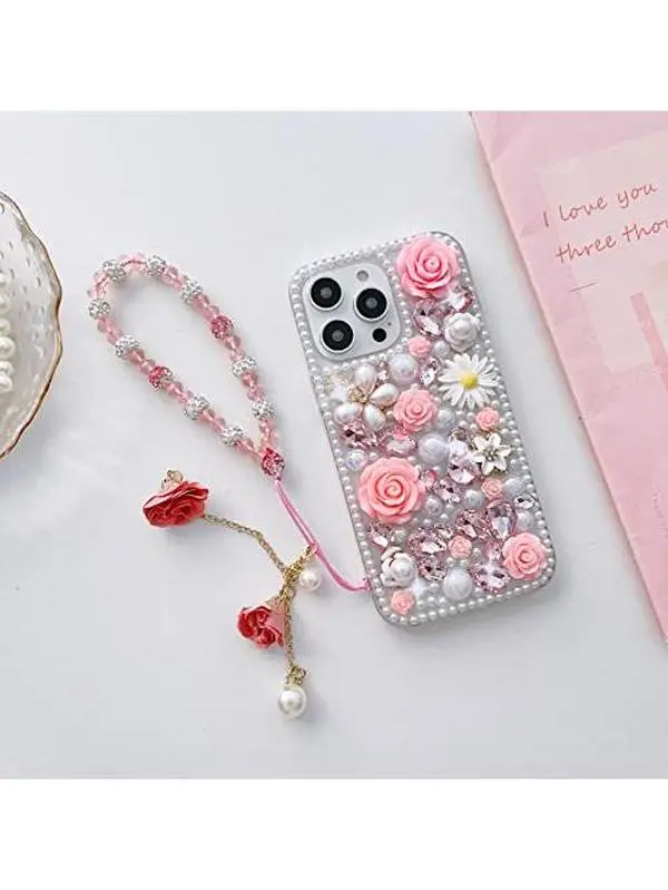 Protective 3D Flower Patterned TPU Jewel Acrylic Transparent Case Cover for Samsung A57 A56 A55 A54 A53 A52 A52S A42 A37 A36 A22 A17 A16 A15 A14 5G - Luxury Shiny Diamond Crystal Rhinestone Glitter Pearl Design, Pink Lanyard Women’s Mobile Phone Accessory