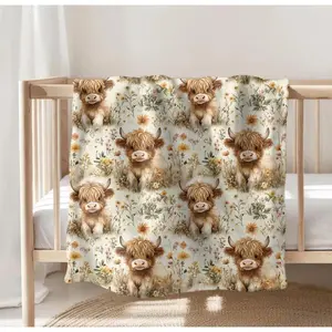 Highland Cow Motif Soft Fleece Throw Blanket - Fluffy, Multi-Size Textile for Indoor Use, Nursery Baby Swaddle, Soft Fleece Blanket