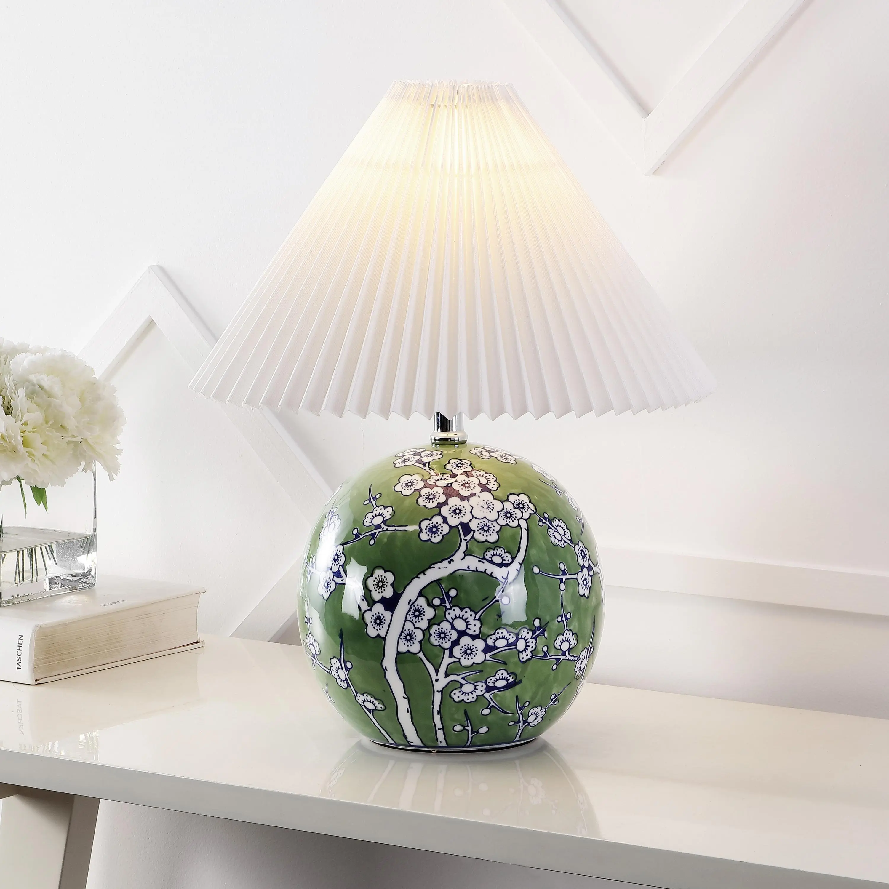 JONATHAN Y Shishen Table Lamp Chinoiserie Orb Ceramic 19.5" | Traditional Hand-Painted Floral, Pleated Linen Shade, LED Bulb Included