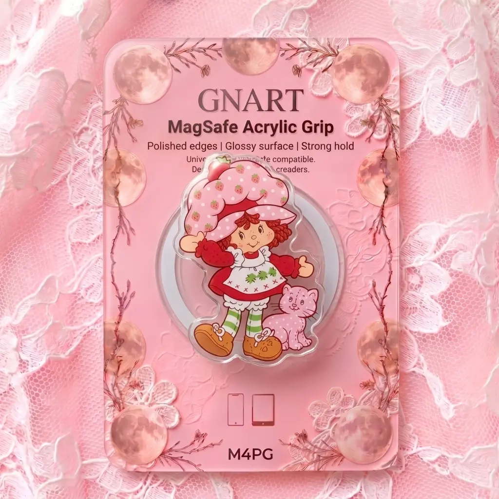 Strawberry Bonnet Girl Phone Grip MagSafe Compatible Acrylic Stand Vintage 1980s Cartoon Aesthetic Phone Holder Cute Pink Kitten Clasp Coquette Pastel Pink Phone Accessory Kidcore Gift