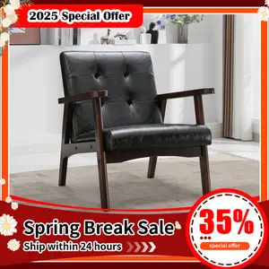 Ebello 27” Wide Mid-Century Sofa Accent Chair Upholstered Leather Armchair with Solid Wood Frame, Black